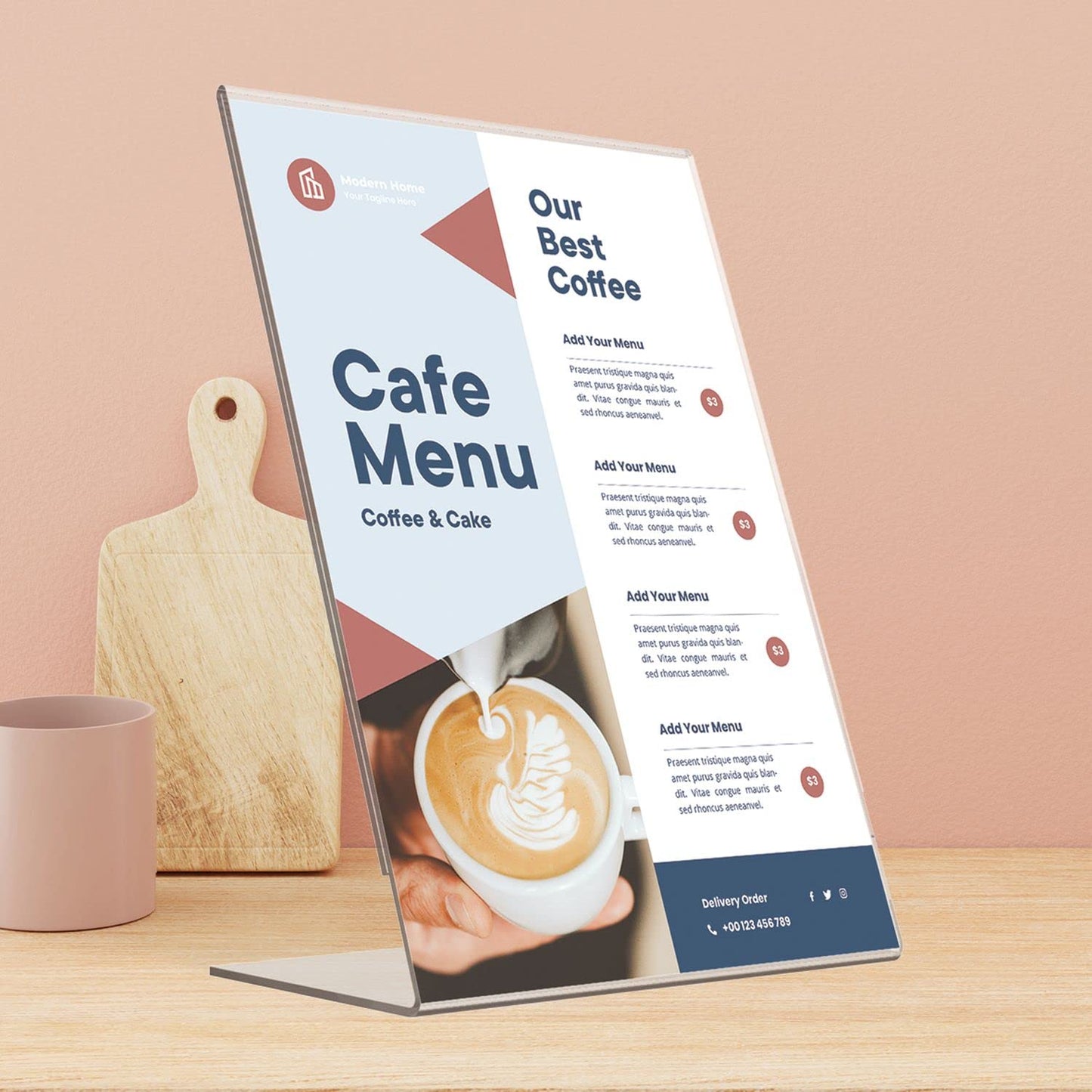 EUROPEL A3 Acrylic Table Display Stand – L-Shape Stable Base, Slanted Back, Side Loading, UV Resistant, for Restaurant, Hotel, Office and Reception