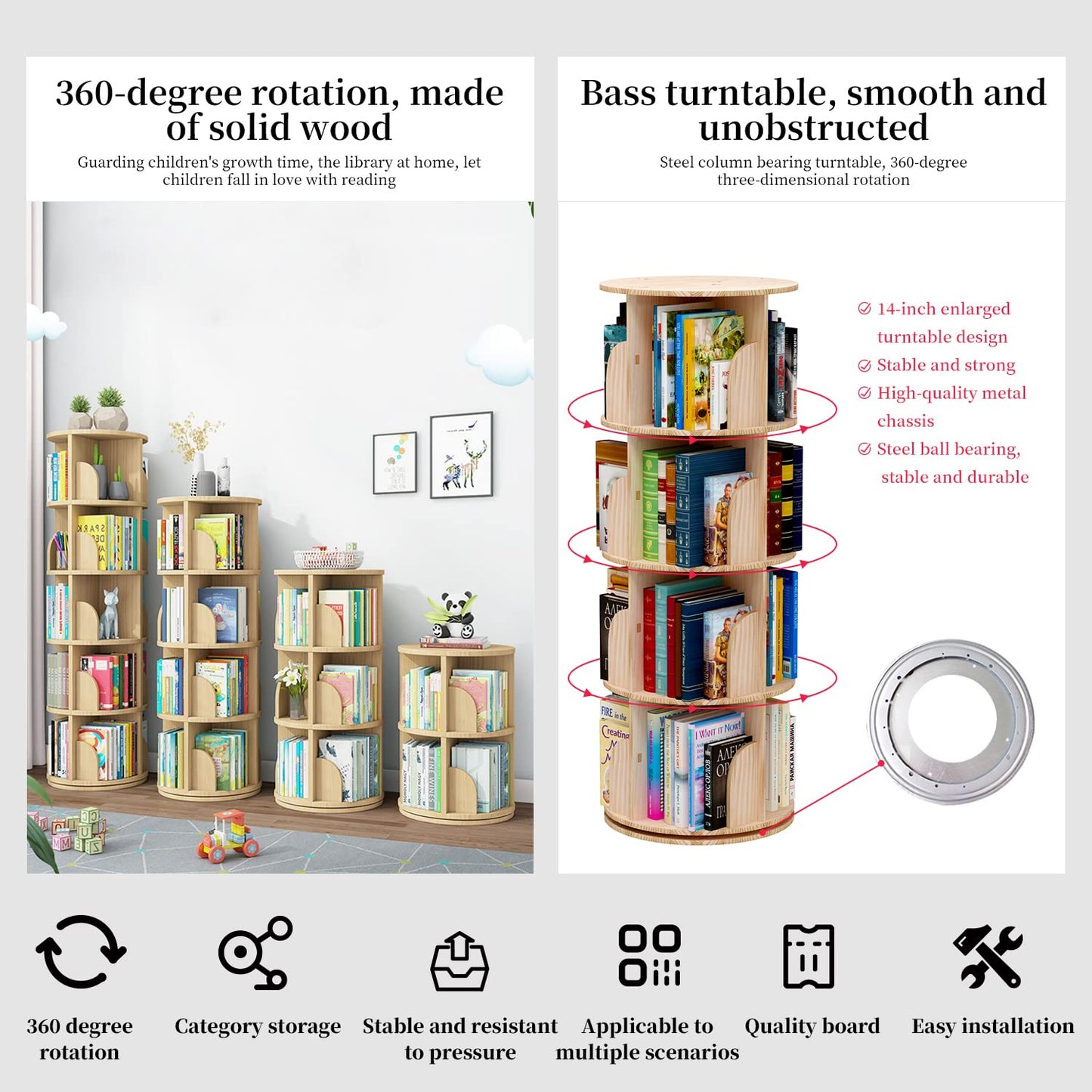PTUWODS Rotating 360° Bookcase - Hexagonal Kids High Shelf, Floor Standing Corner Storage Shelf for Home, Living Room, Office (3 Tiers), Xuanzhuan001