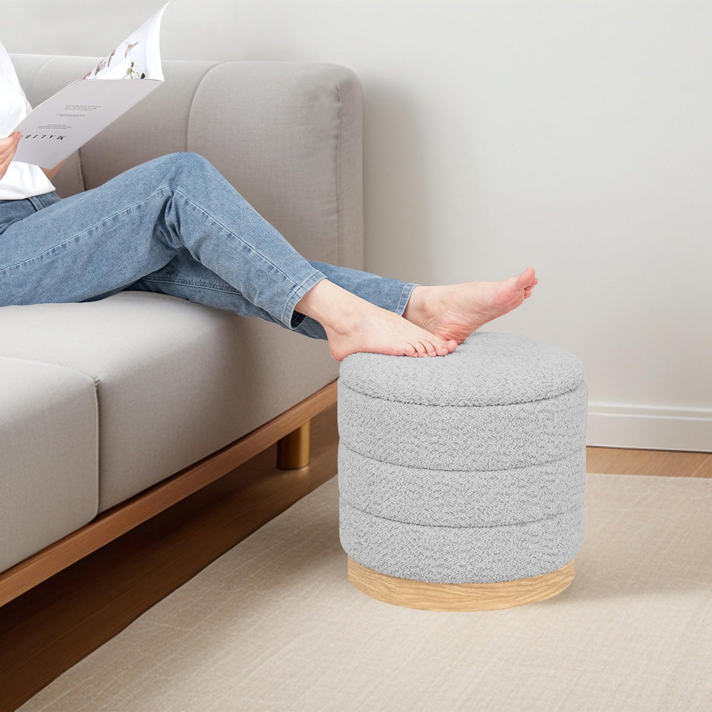 PINPLUS Round Chenille Storage Ottoman, Tray Top, 39x39x37 cm, Silver Grey