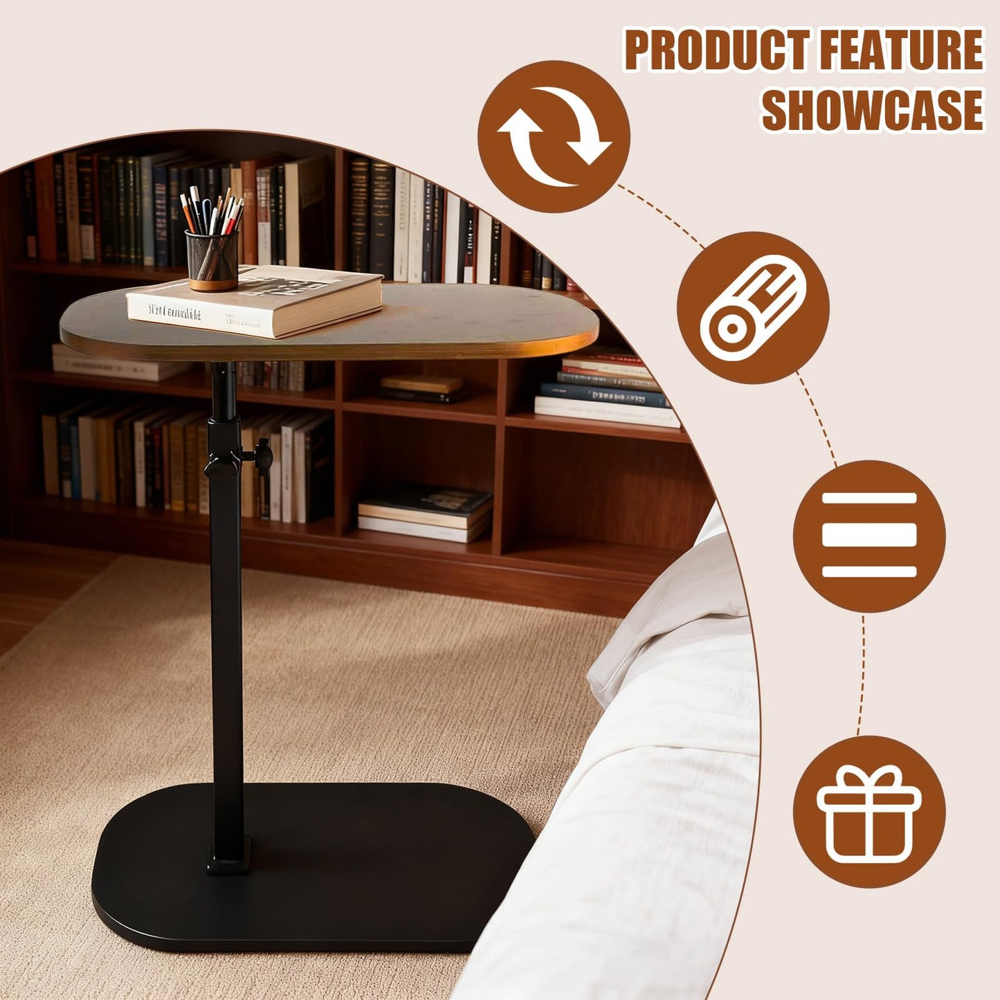 YASHIIN C Shaped Side Table,Adjustable Height, TV Tray Rotating Sofa End Table, Walnut Wood Modern Design, for Living Room and Bedroom