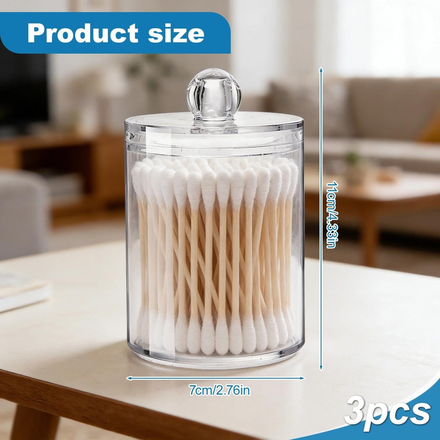 YANKOIUK 3 Pack Cotton Bud Holder, Clear Plastic Storage Jars with Lids