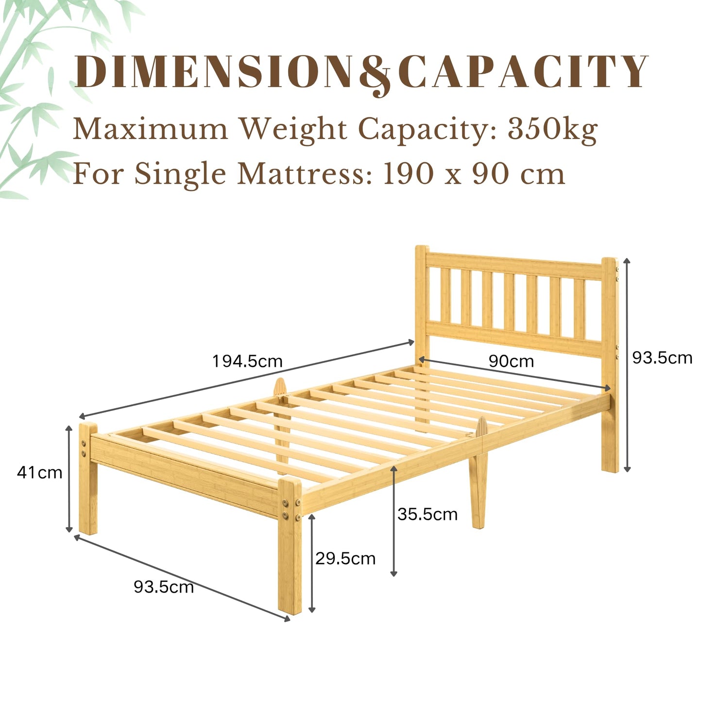 Hunlostten Single Bed Frame Wooden with Headboard - Bamboo Wood Bed Frames with Metal Slats Support and Underbed Storage Bedroom Furniture
