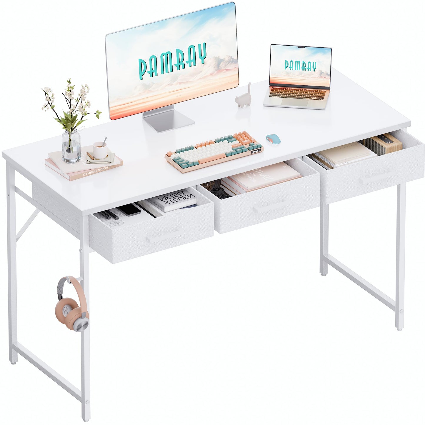 PAMRAY 120cm Small Computer Desk with 3 Drawers for Bedroom Study Writing Home Office Table for Small Spaces White