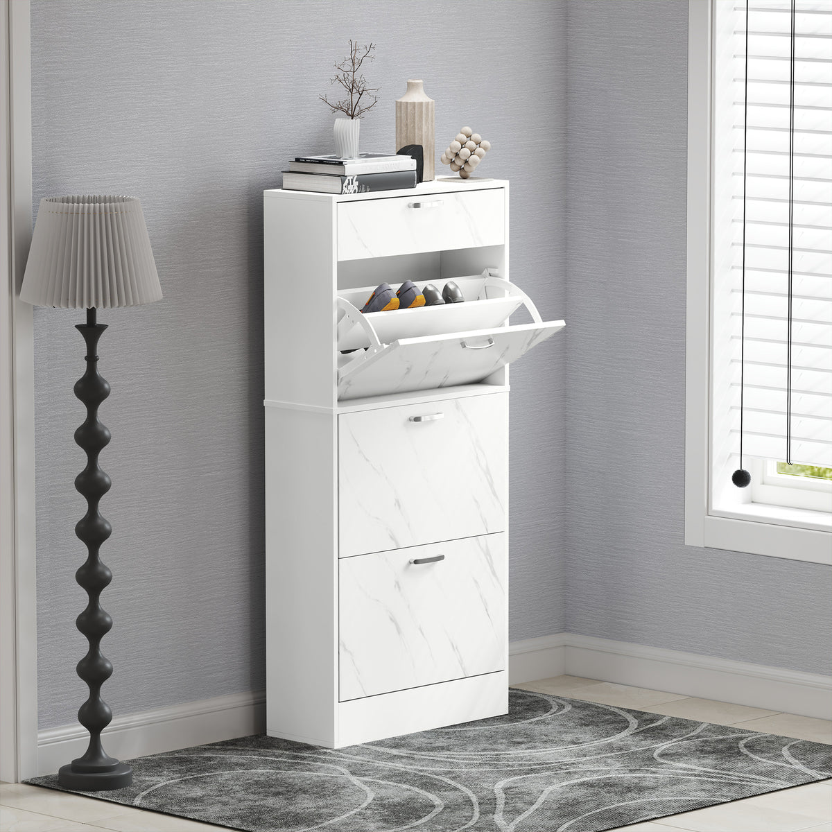 HOMCOM Marble Shoe Storage Cabinet with 3 Flip Drawers, Hallway Cabinet with Top Drawer and Adjustable Shelves, Shoe Cupboard for 18 Pairs, White