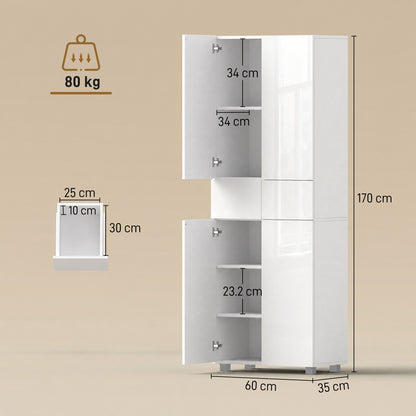 HOMCOM Storage Cabinet, Kitchen Cupboard with 3 Adjustable Shelves, 60L x 35W x 170H cm, White