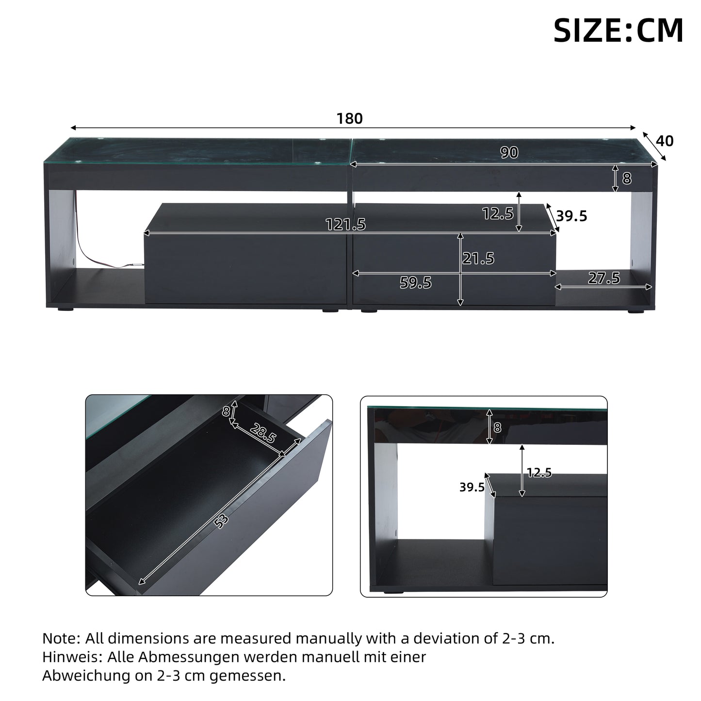 High Gloss TV Stand with 2 Drawers,glass tabletop,TV Cabinet Storage Sideboard with LED lights,open storage,Holds TVs up to 80"