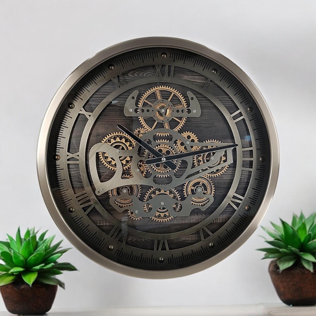 AcaciaHome Premium Moving Gears Wall Clock - Roman Numeral Display, Battery-Operated Quartz Movement Metal with Sleek Finish for Home, Lounge, or Dining Room (Round Black/Silver 46cm)