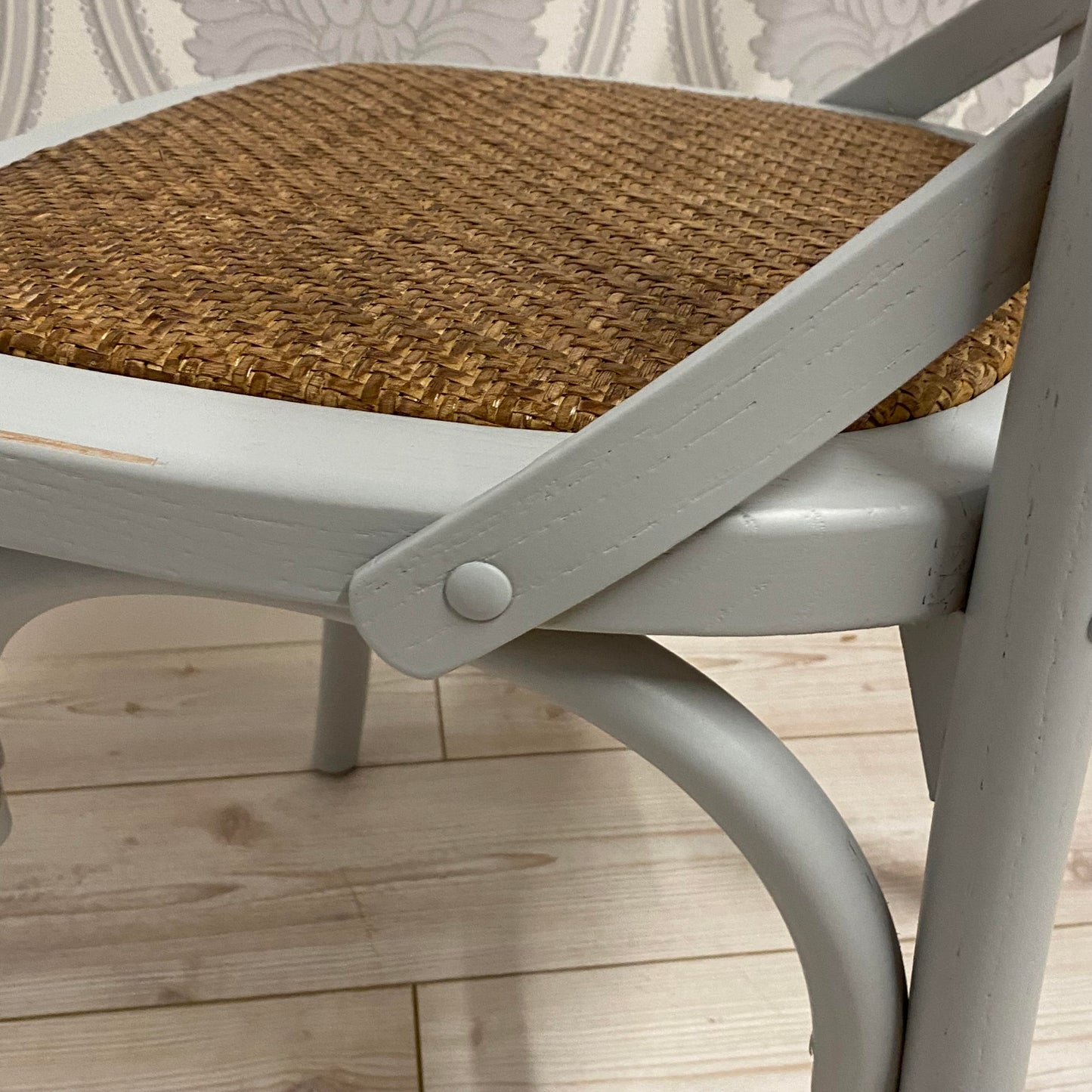 AcaciaHome Modern & Stylish Hand Finished Cross Back Oak Wooden Cafe Chair - Exclusive Rattan Seat Comfortable Office Furniture Collections for Home, Dining, Cafe, and Office Seating (Grey)