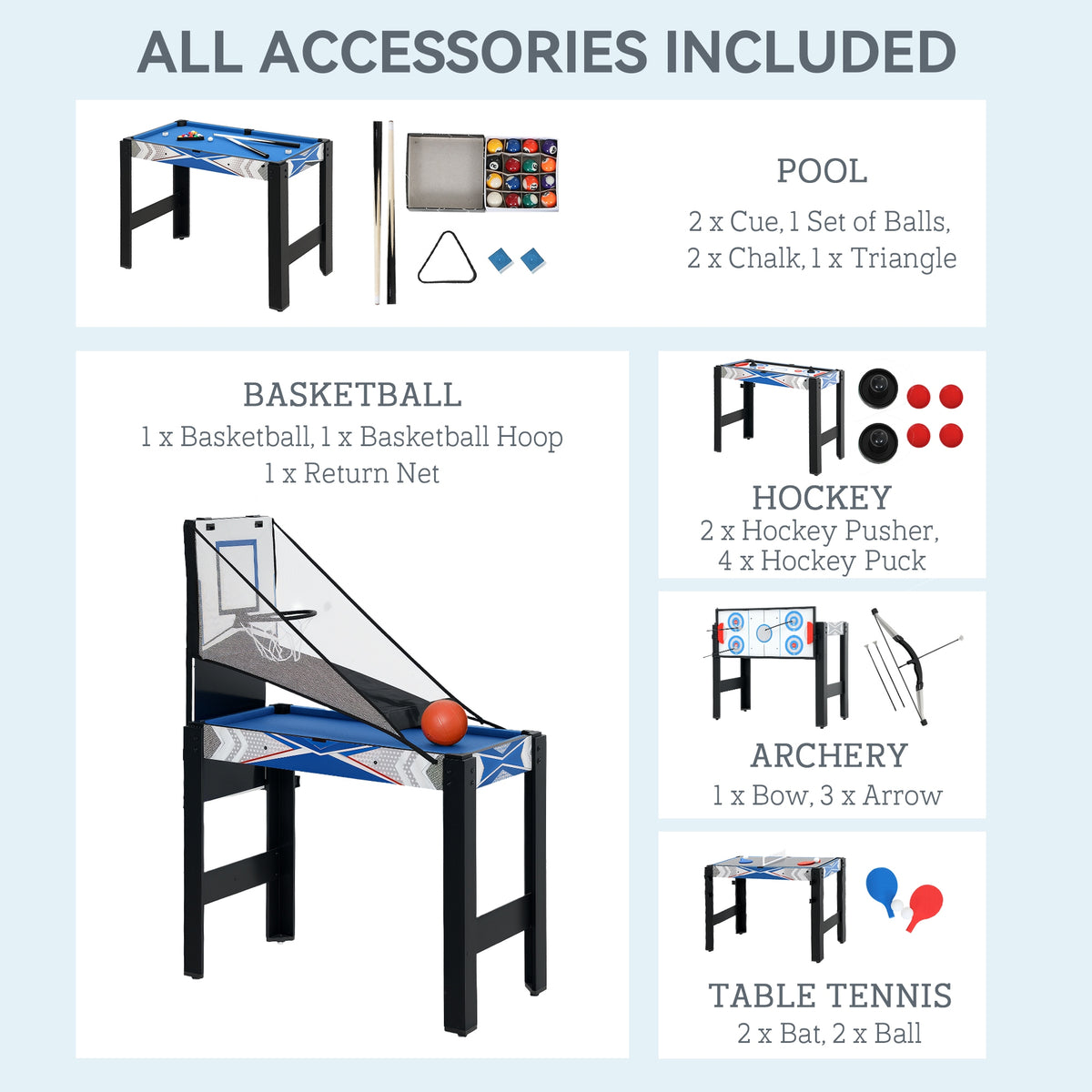 SPORTNOW 5-in-1 Multi Games Table, with Mini Pool, Table Tennis, Basketball, Hockey, Archery, Blue