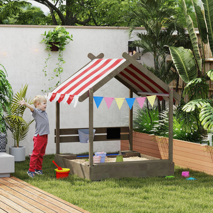 Outsunny House-Designed Wooden Sandbox, Outdoor Sandpit, with Blackboard, Toys, Sink, Seats, Flags, for Ages 3-7 Years - Grey