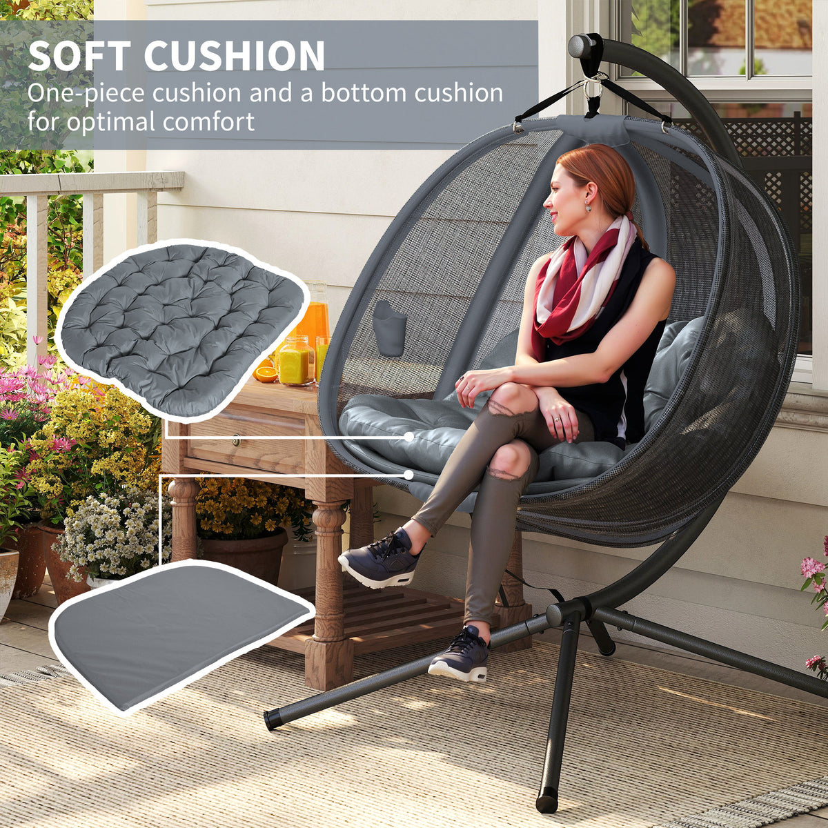 Outsunny Double Hanging Egg Chair 2 Seaters Texteline Swing Hammock Chair with Folding Design, Grey