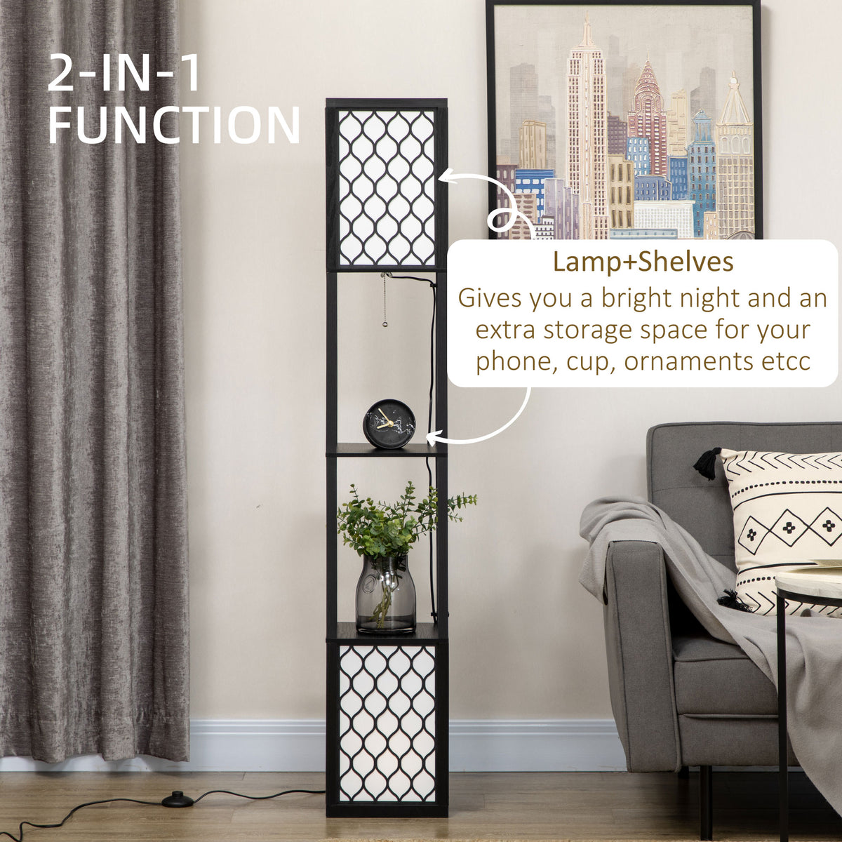 HOMCOM Floor Lamp with Shelves, Modern Tall Standing Lamps with Fabric Lampshade, Chain Switch and Dual Light for Living Room, Bedroom, Bulb not Included, Black