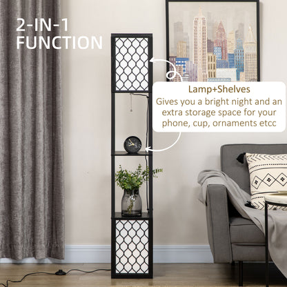 HOMCOM Floor Lamp with Shelves, Modern Tall Standing Lamps with Fabric Lampshade, Chain Switch and Dual Light for Living Room, Bedroom, Bulb not Included, Black