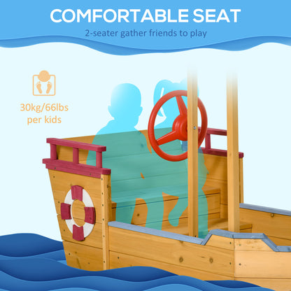 Outsunny Sand Pit, Kids Wooden Sandbox Pirate Ship, Sandboat Play Station with Canopy Shade, Storage Bench and Bottom Liner for Outdoor Garden