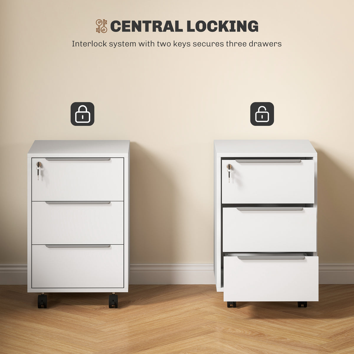 HOMCOM Three-Drawer Locking Filing Cabinet - White