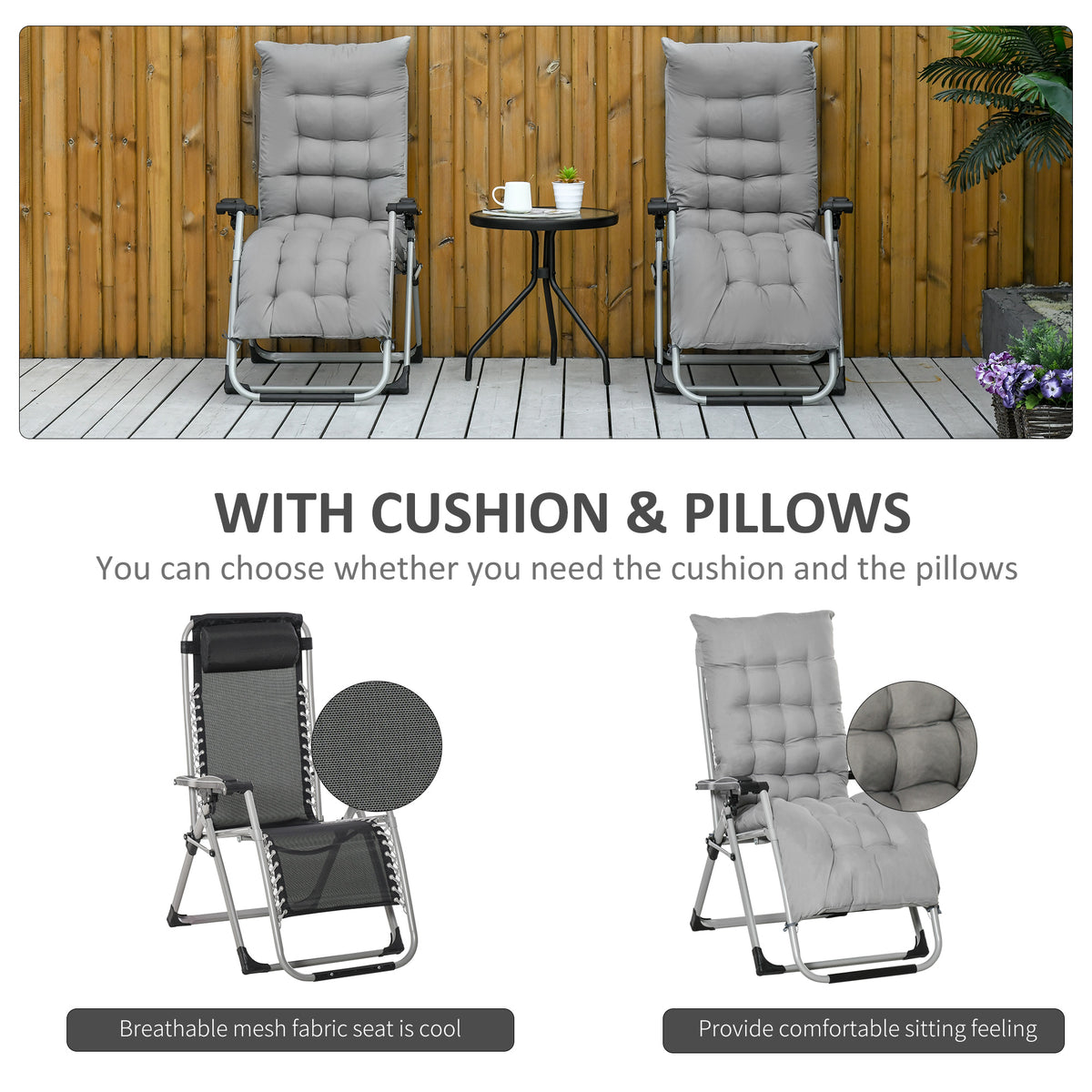 Outsunny 2pc Reclining Zero Gravity Sun Loungers ,Folding Chaise Lounge Chair with Cushions, Light Grey