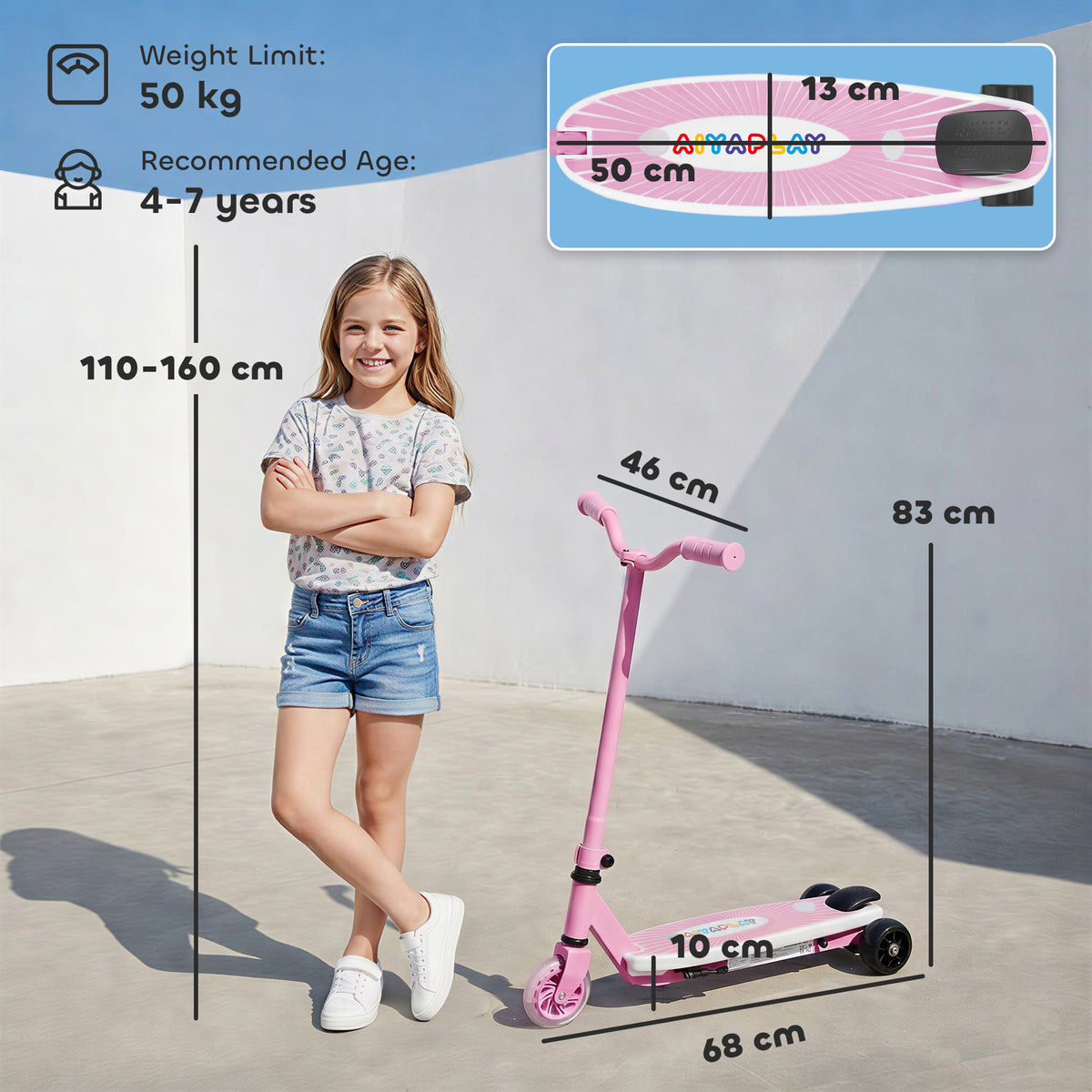 AIYAPLAY Electric Scooter for Kids Aged 4-7 Years, with Flashing LED Lights, Rear Auxiliary Wheels, Pink