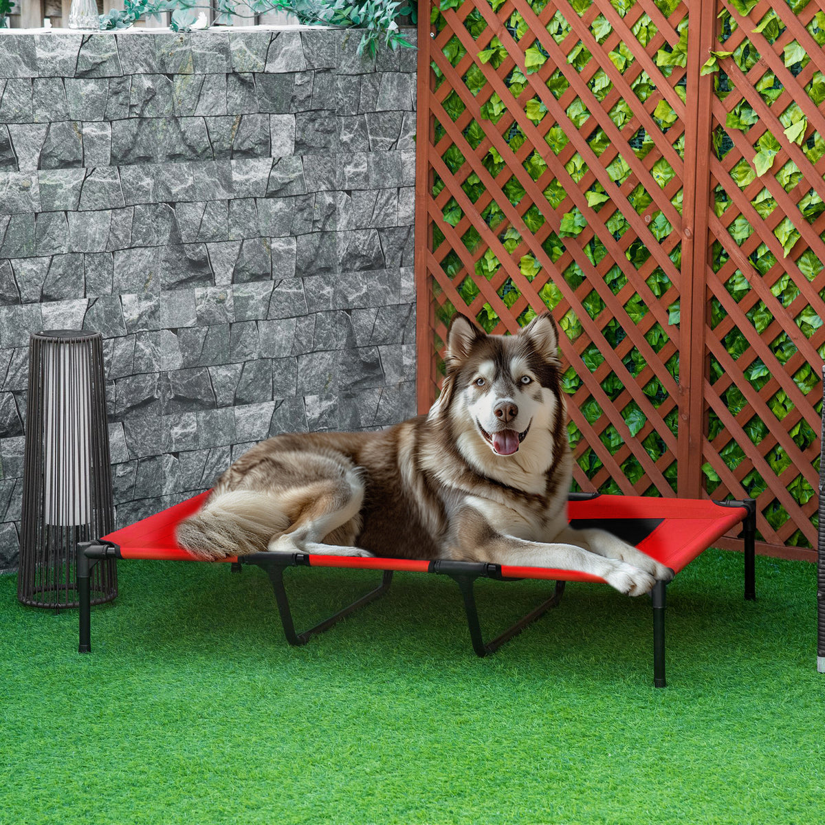 PawHut Raised Dog Bed Cooling Metal Elevated Pet Cot with Breathable Mesh, Non-slip, Lightweight & Portable, for Indoor Camping Beach Travel Outdoor Use, Red, XX Large, 122 x 92 x 23cm