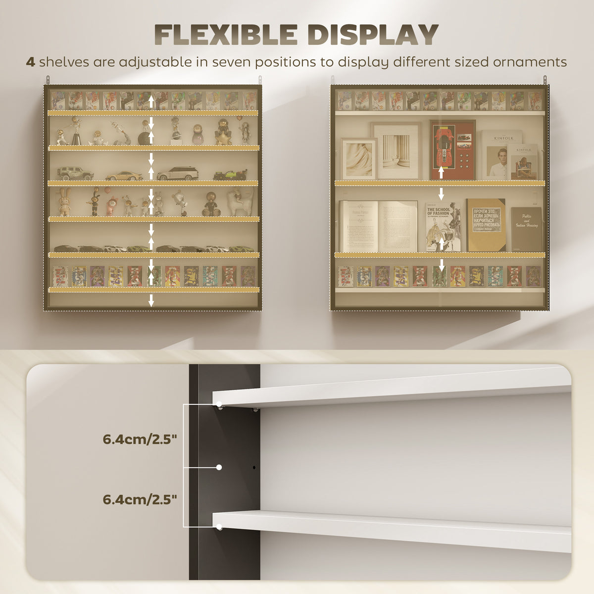 HOMCOM Six Shelf Display Cabinet, with Glass Doors - Black and White