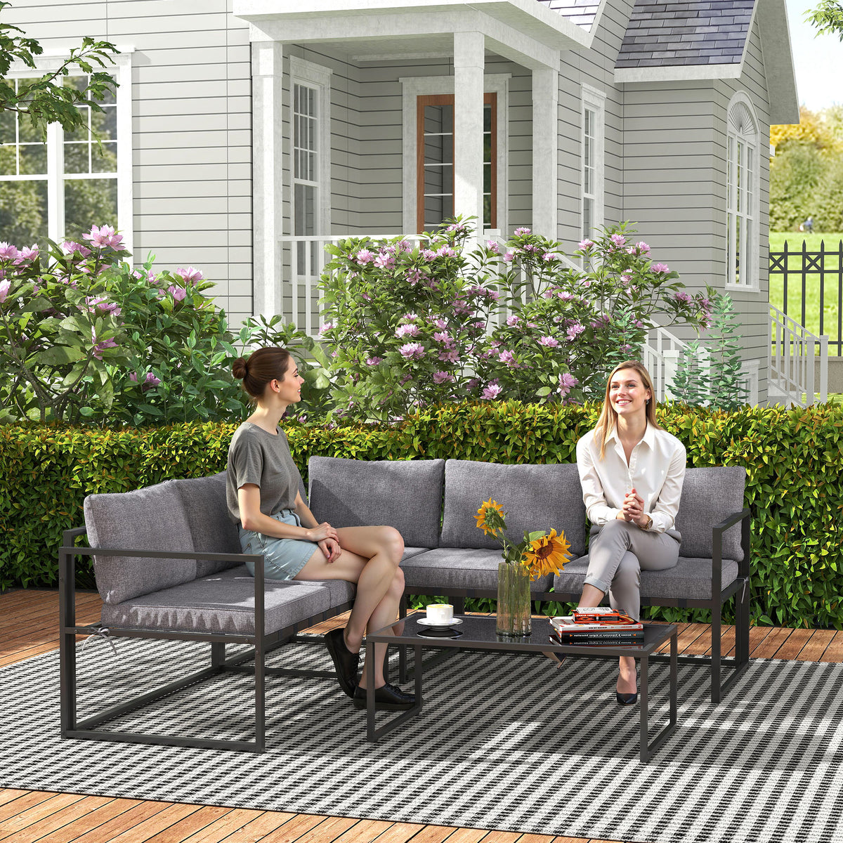 Outsunny Three-Piece L Shaped Garden Furniture Set with Cushions - Grey