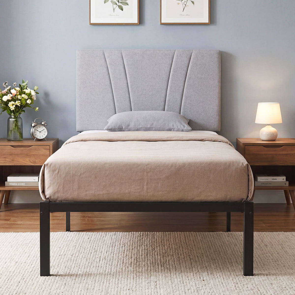 HOMCOM 3FT Single Bed Frame with Upholstered Headboard and Underbed Storage, Black and Light Grey