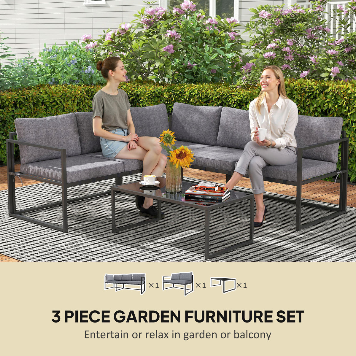 Outsunny Three-Piece L Shaped Garden Furniture Set with Cushions - Grey