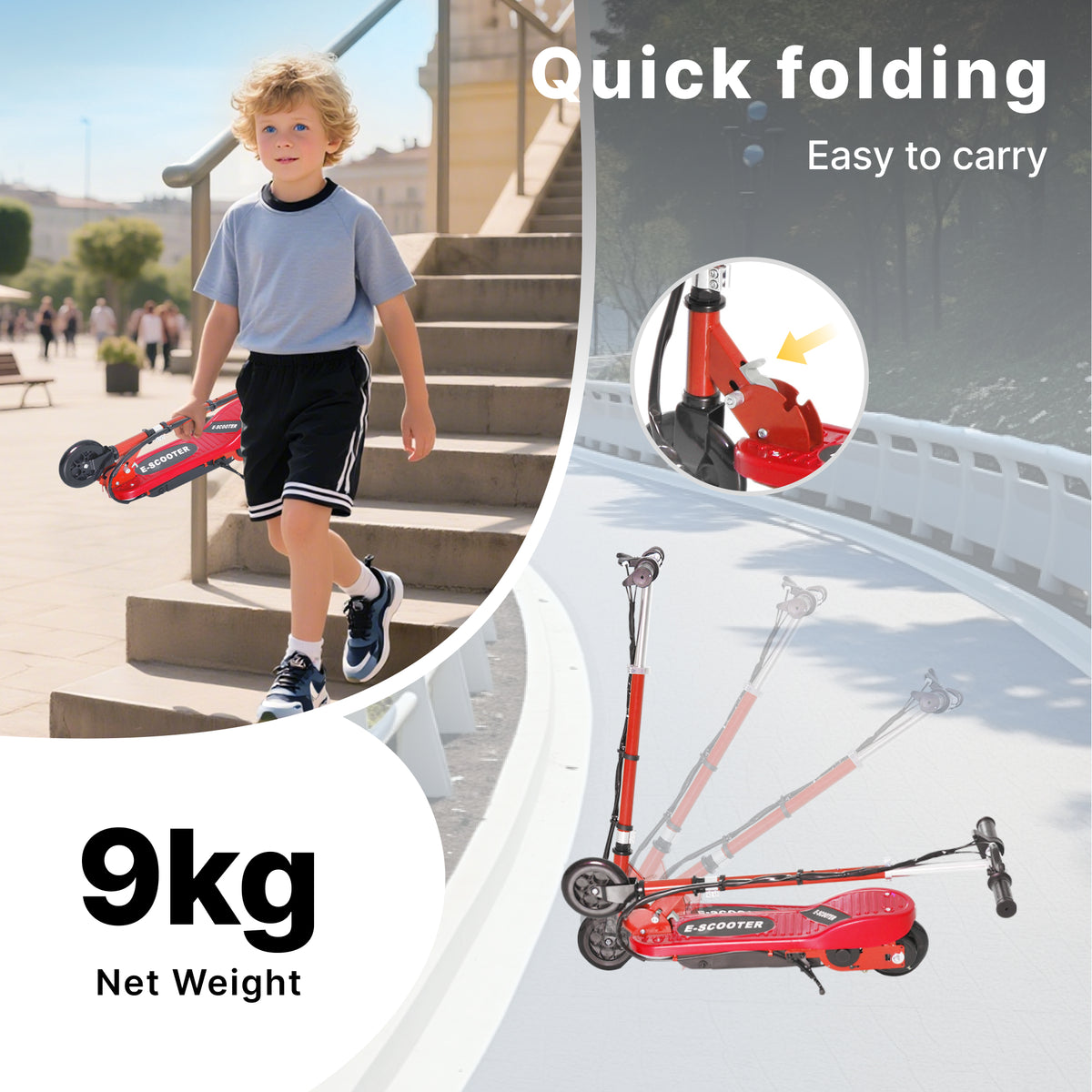 HOMCOM Folding Electric Scooter Rechargeable Kids Ride on 7-14 Age Red/Black