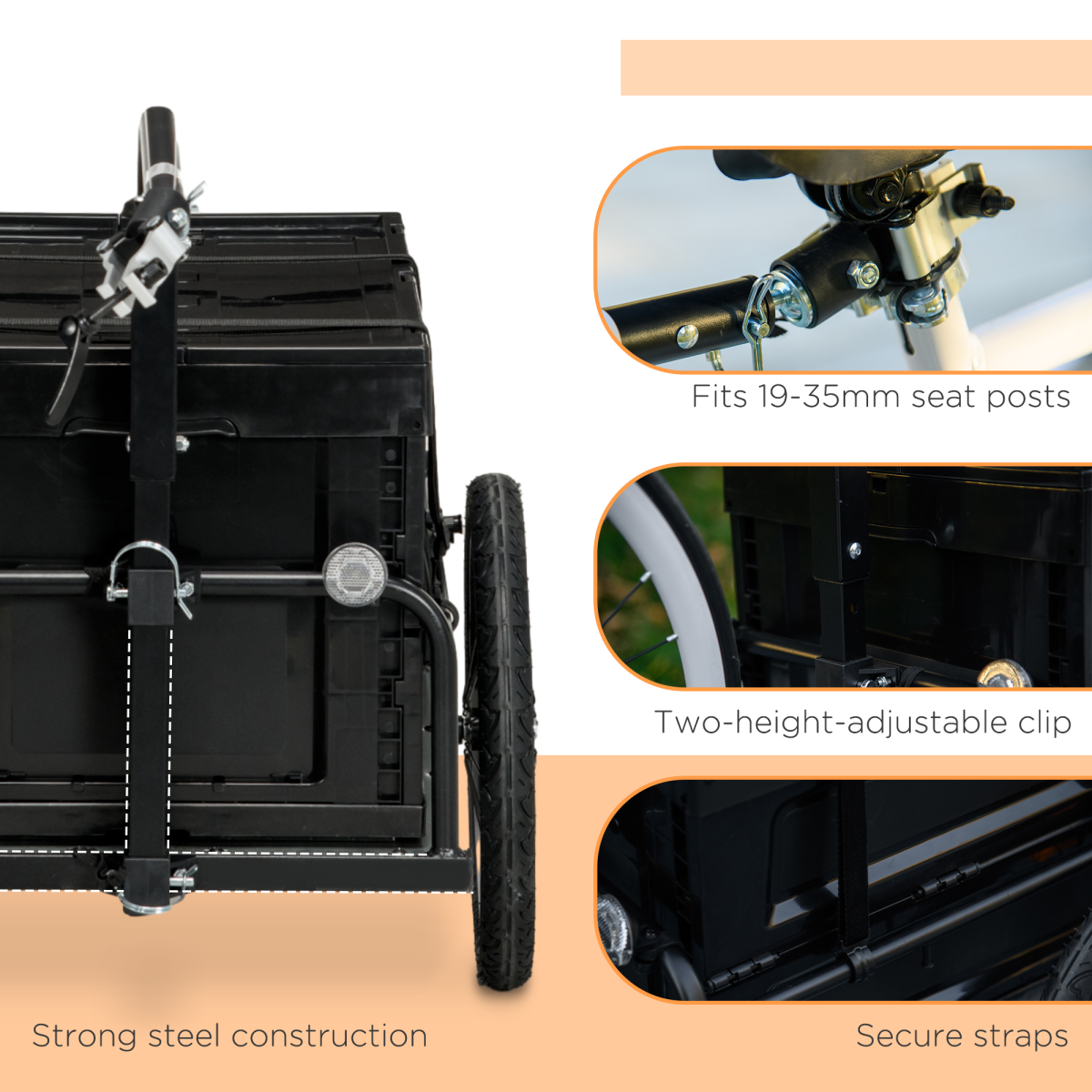 HOMCOM Bicycle Trailer with Foldable Storage Box and Pneumatic Tyres, Black