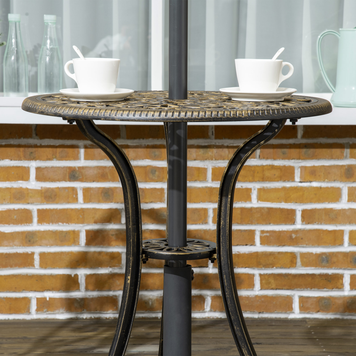 3 Piece Cast Aluminium Garden Bistro Set with Parasol Hole for Balcony, Patio