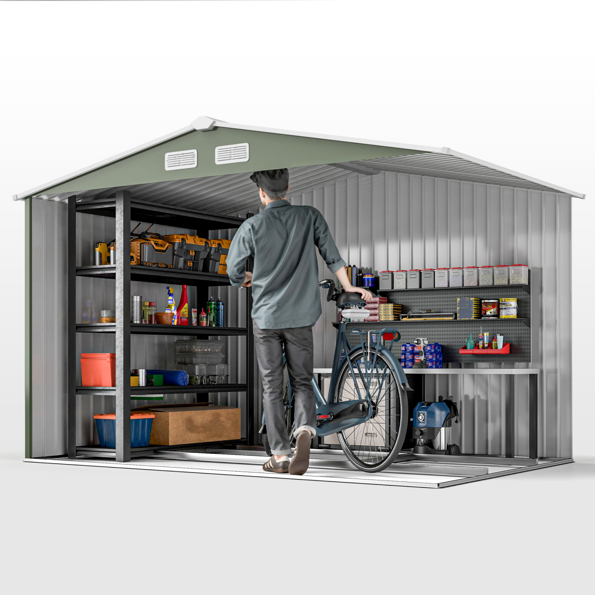 9 x 6FT Garden Metal Storage Shed Tool Box Foundation Vent & Doors  Green