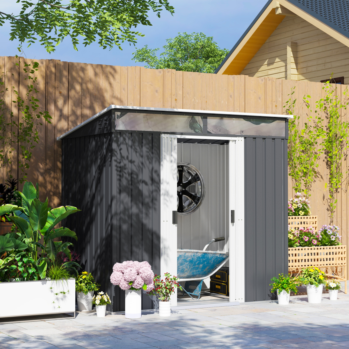 Outsunny 6.5x4FT Garden Shed with Foundation Lockable Metal Tool Shed Grey