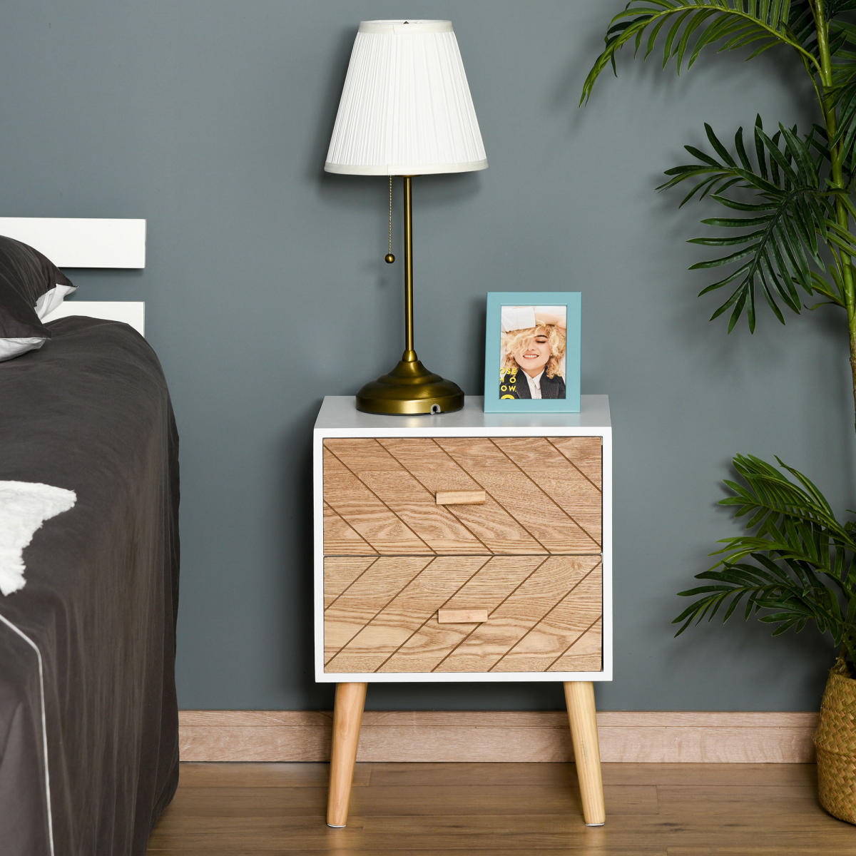 Nordic Style 2 Drawers Side Cabinet Wooden Bedside Table Storage Chest