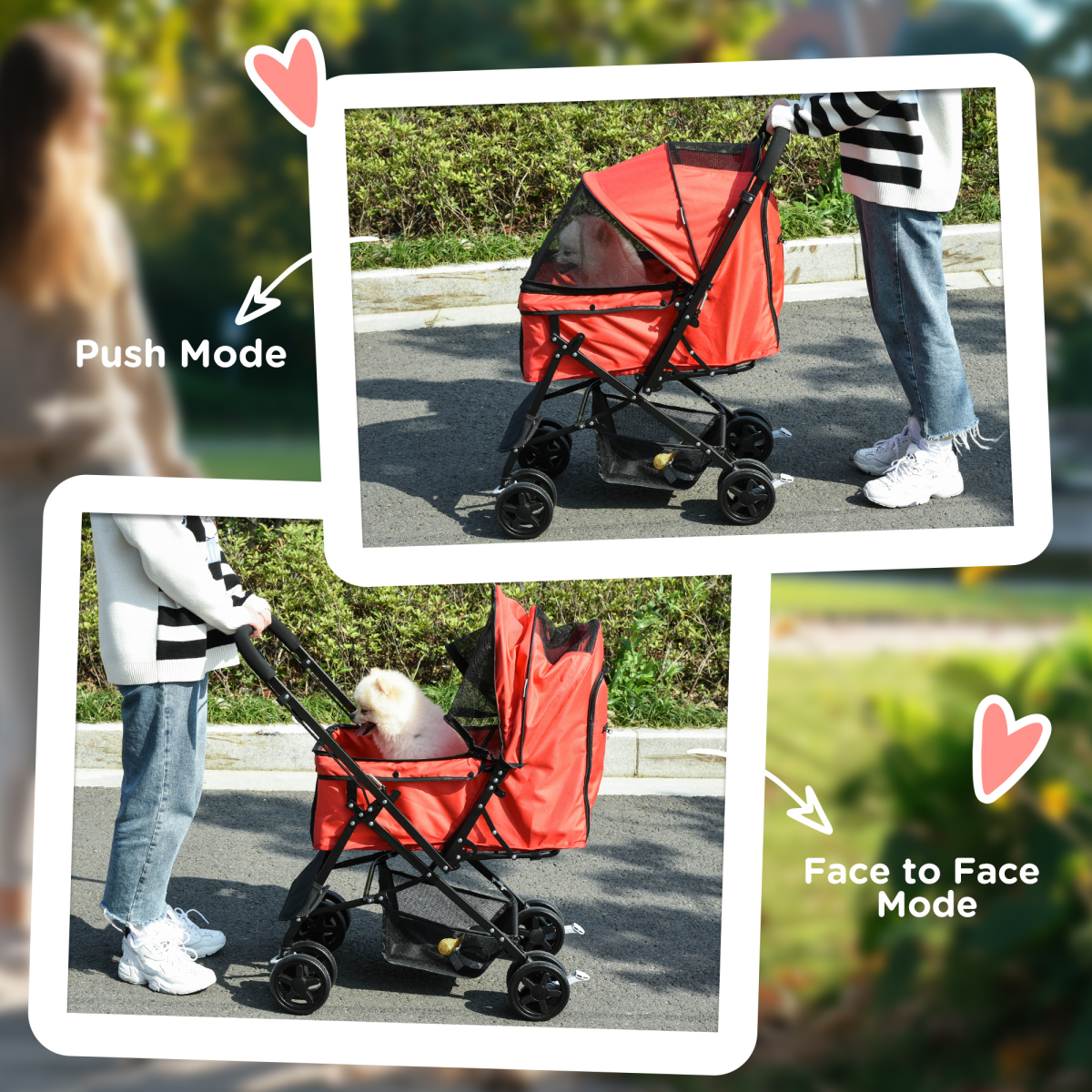 Pet Stroller Foldable Travel Dog Cat Carriage w/ Reversible Handle Brake Basket