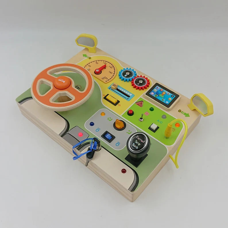 Natural Wood Car Driving Steering Wheel Montessori Busy Board with LED Lights, Engine Sounds, and Key Turn, Sensory Toy for Motor Skill Cognition Game