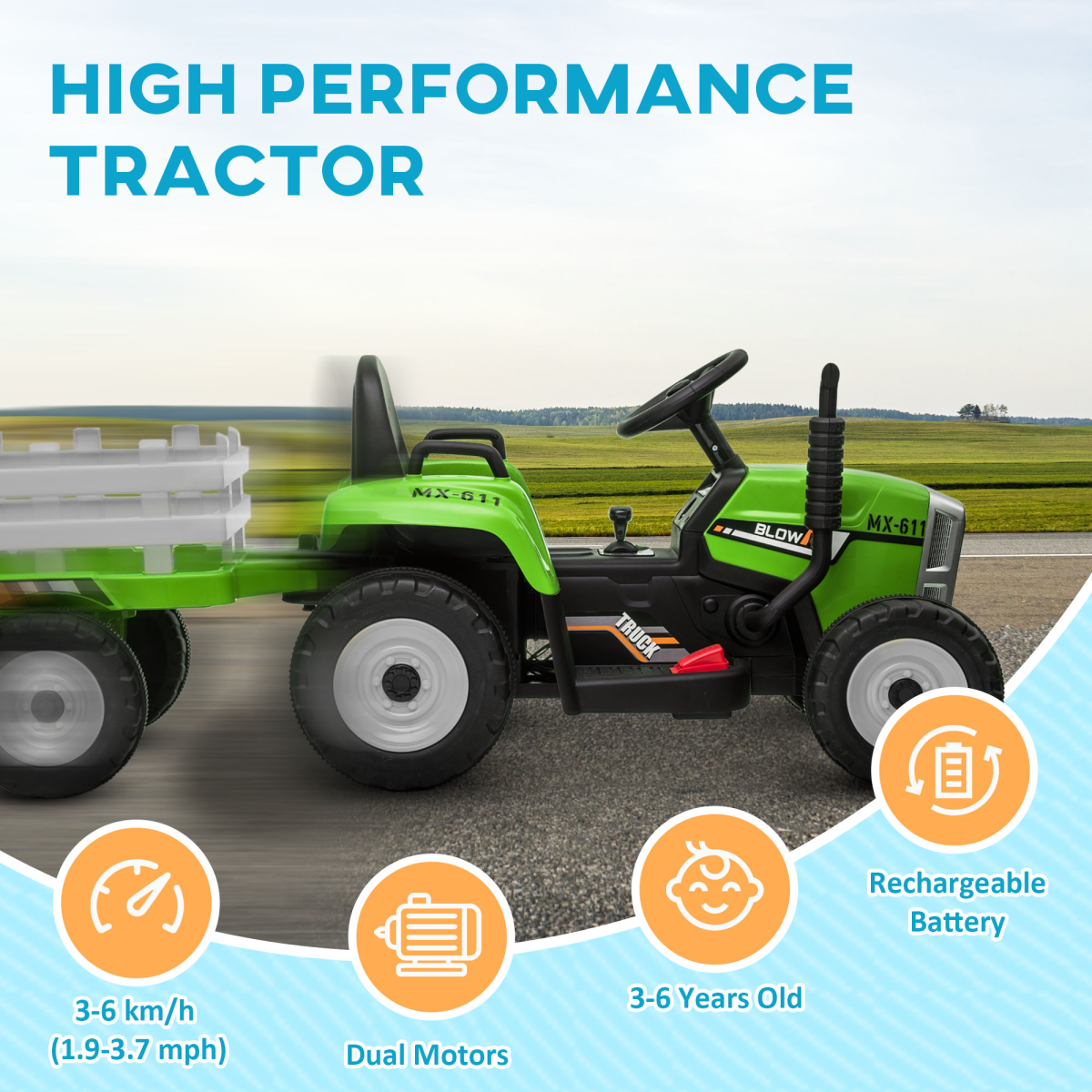 HOMCOM Ride on Tractor with Detachable Trailer, Remote Control, Music - Green