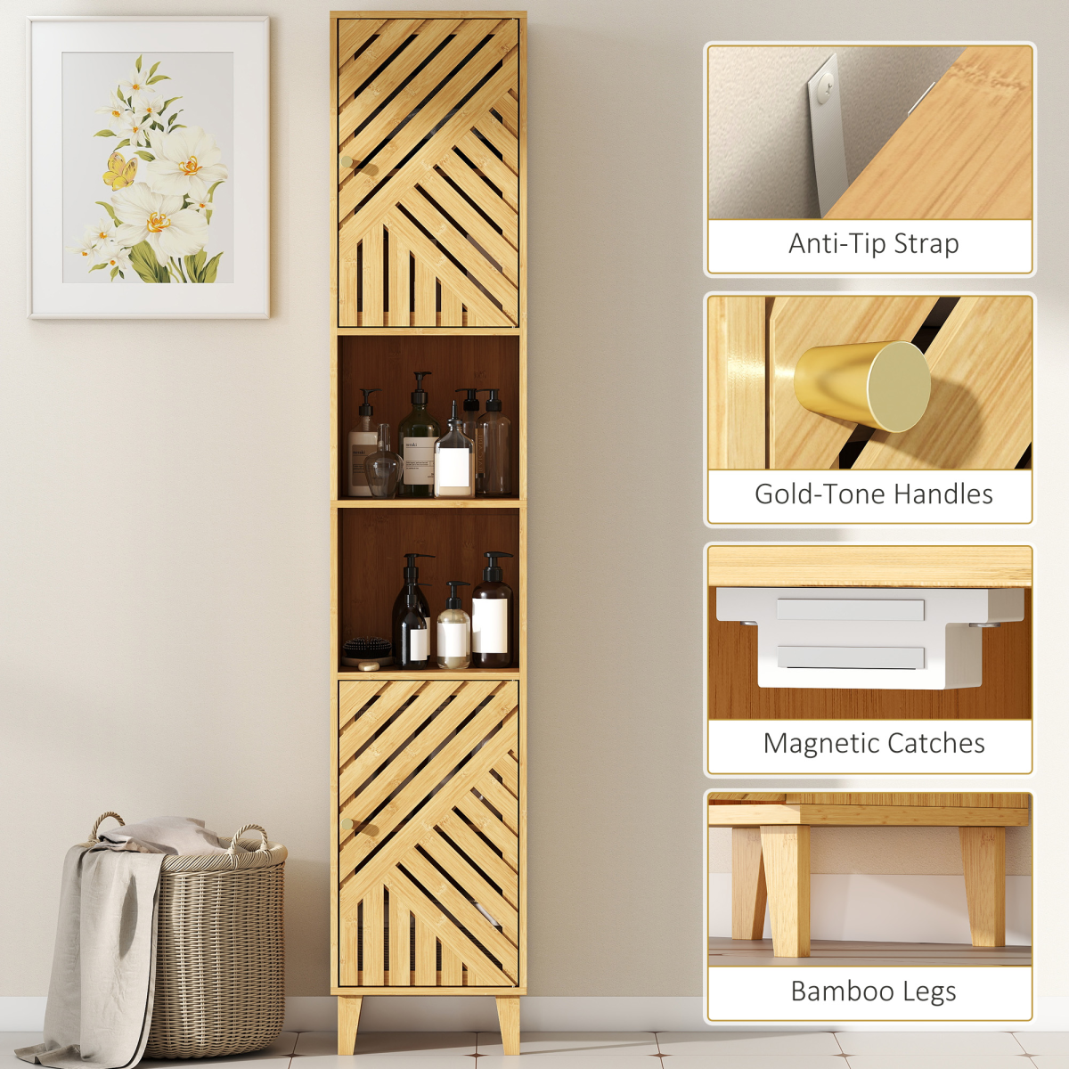 HOMCOM Tall Bathroom Cabinet with Open Compartments and Adjustable Shelves