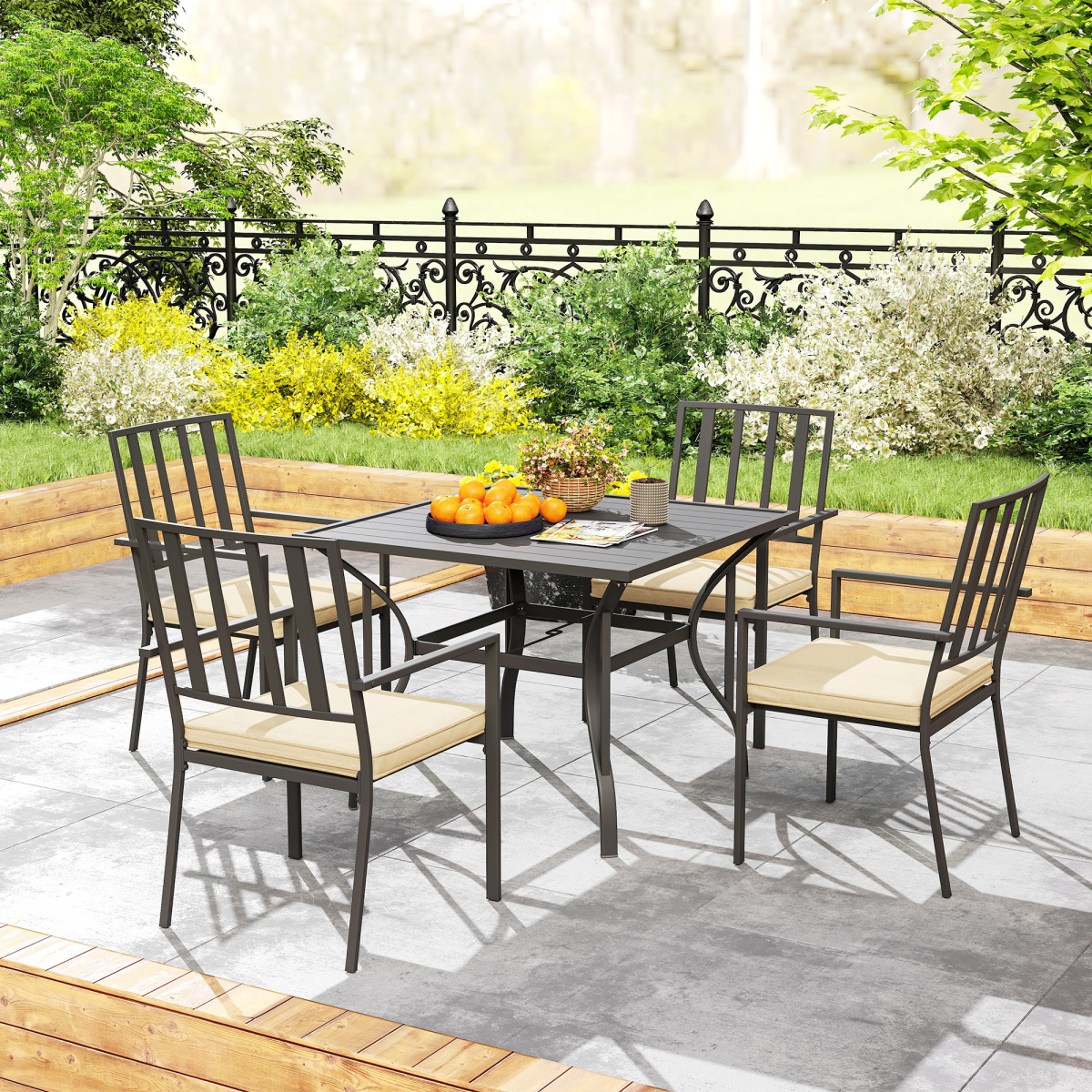 Outsunny Garden Dining Set w/ 4 Stackable Cushioned Chairs and Metal Top Table