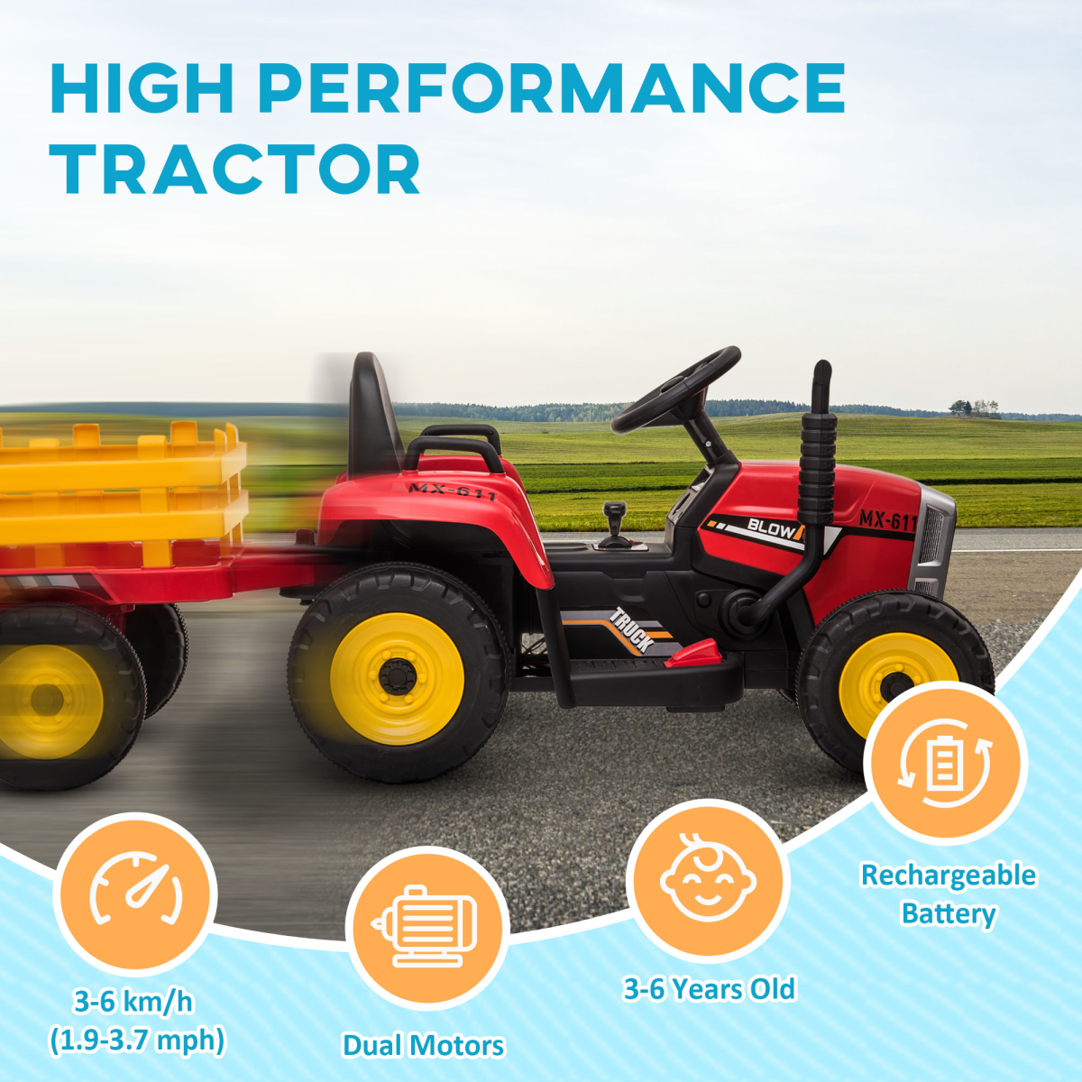 HOMCOM Ride on Tractor with Detachable Trailer, Remote Control, Music - Red