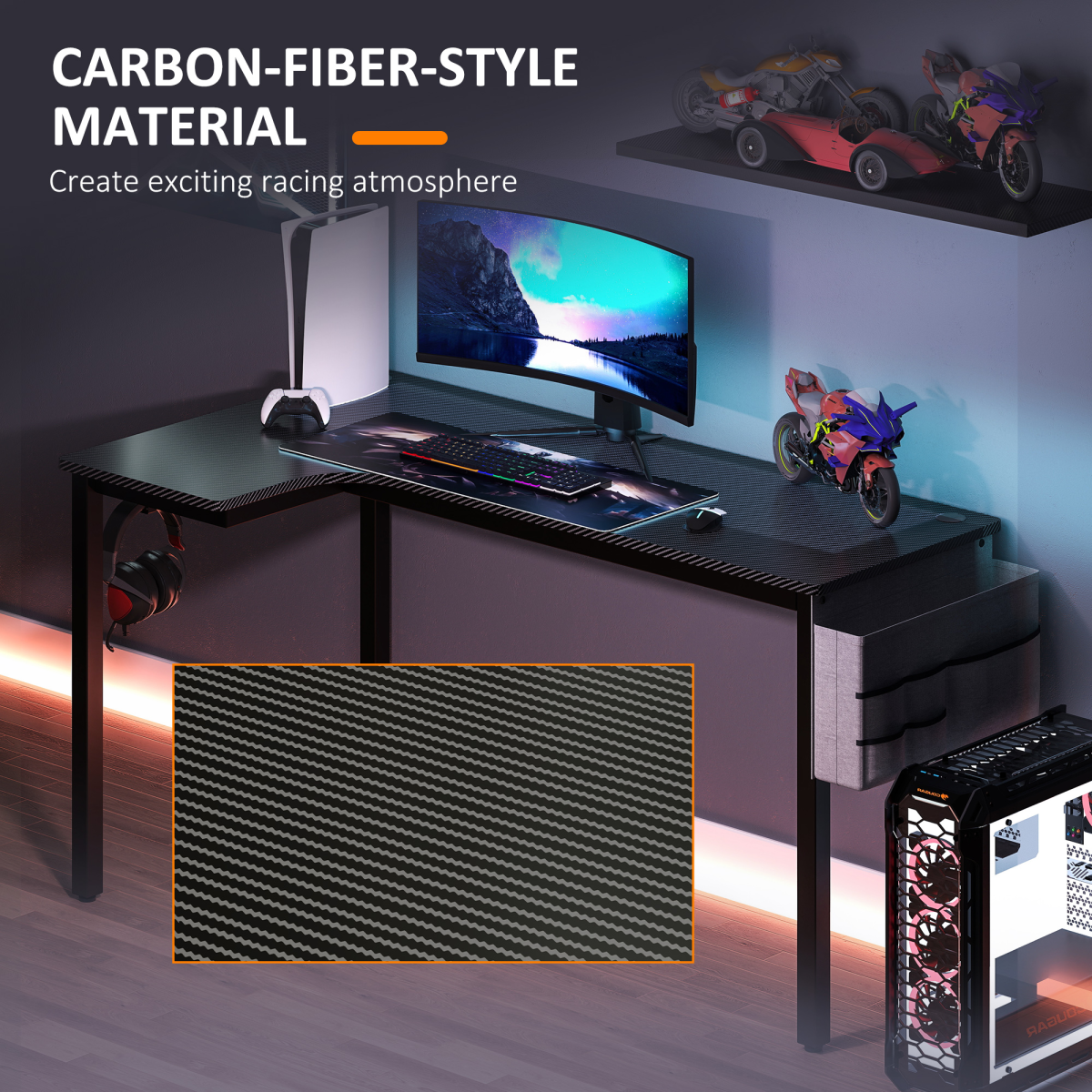 HOMCOM L-Shaped Corner Desk Computer with Fabric Bag and Hooks, Black