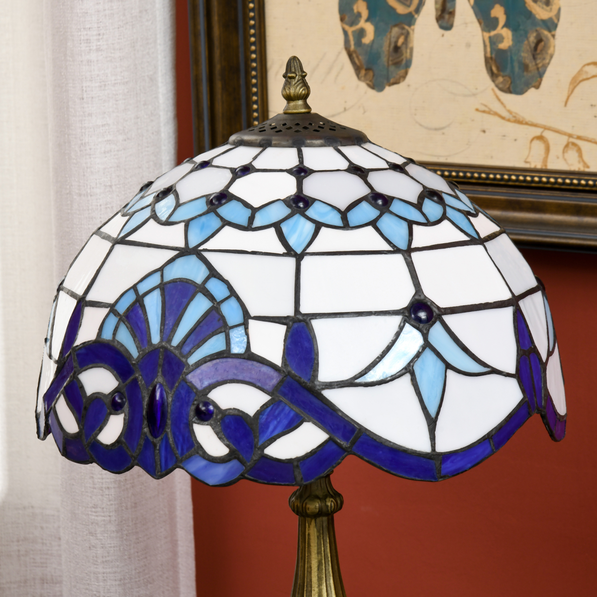 HOMCOM Stained Glass Table Lamp, for Bedroom Bedside, Bulb not Included