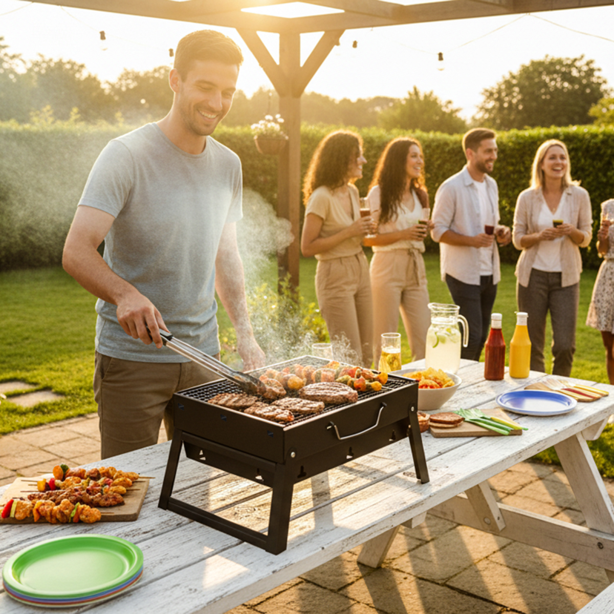Portable BBQ Grill with Folding Feet, Compact and Lightweight Charcoal Grill for Outdoor Camping, Backyard, Picnic, Beach Party, and Family Outings