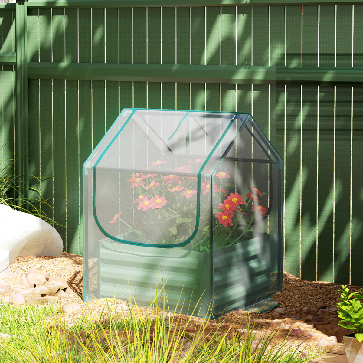 Outsunny Raised Garden Bed Planter Box with Greenhouse, Clear and Green