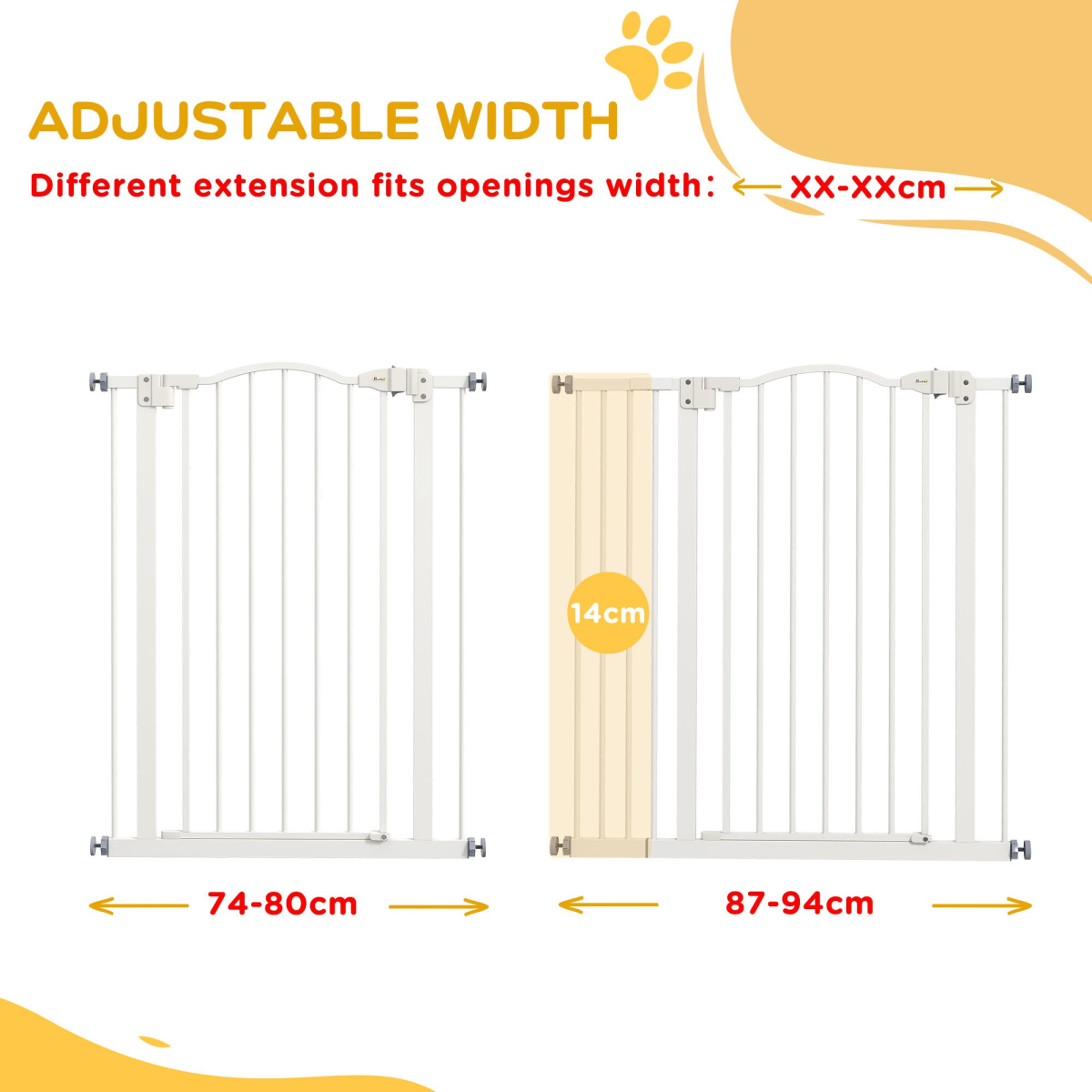 PawHut 74-94cm Adjustable Metal Pet Gate Safety Barrier w/ Auto-Close Door White