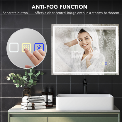 HOMCOM 600 x 800 mm Bathroom Mirror with Bluetooth Clock Lights Demister Pad