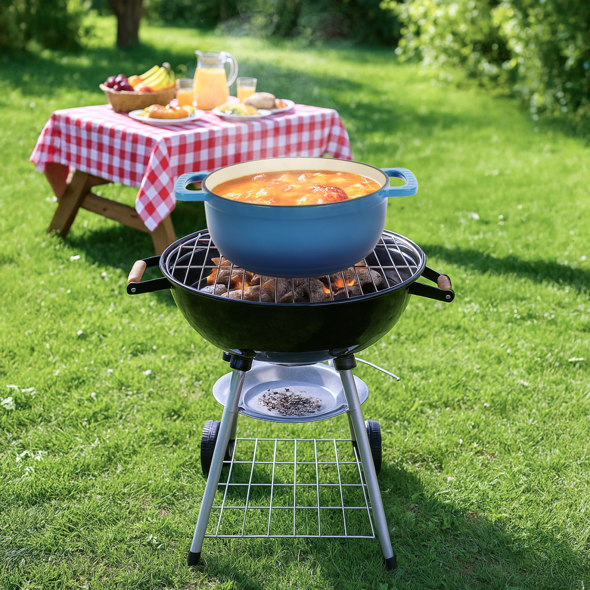 Cast iron 5QT cooking pot - Gradient blue - Includes two silicone gloves - Enamel pot
