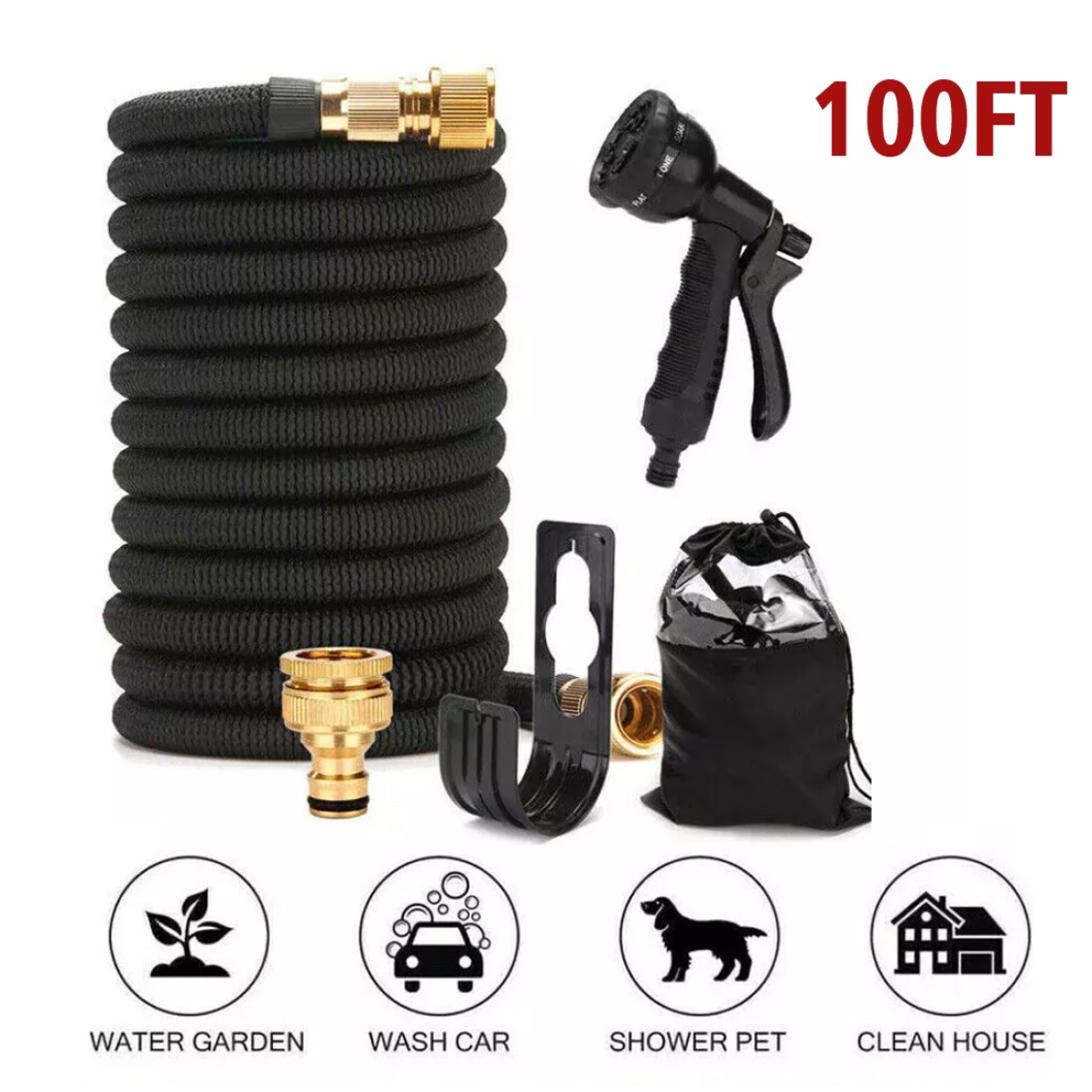 Heavy Duty 100FT Expandable Garden Hose Pipe Flexible With Water Spray Gun UK