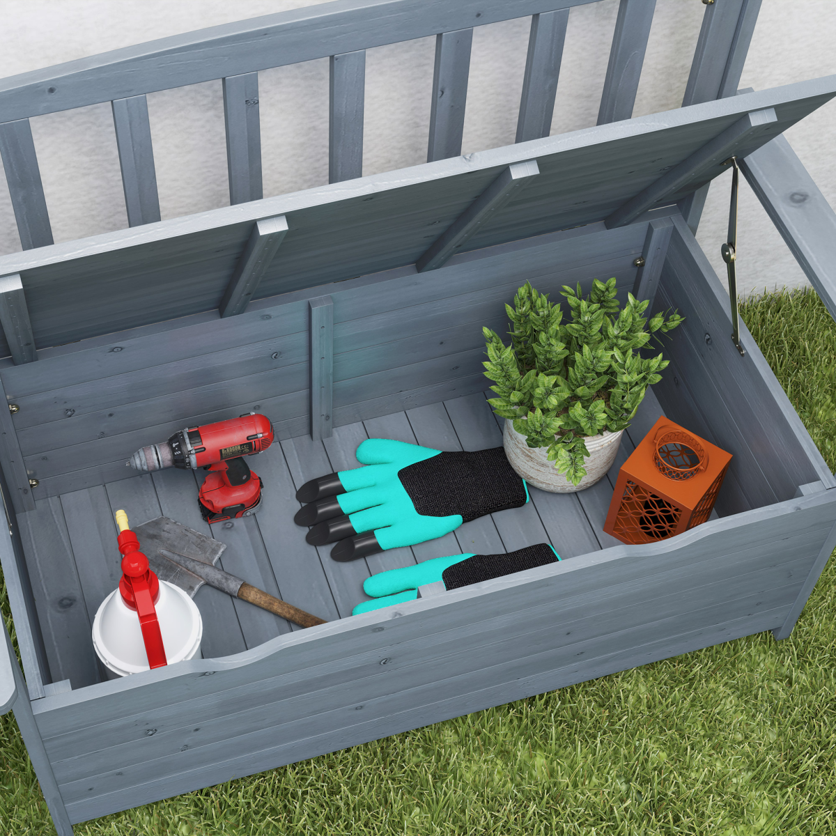 Outsunny Garden Storage Bench, 2 Seater Fir Wood Outdoor Bench, Dark Grey