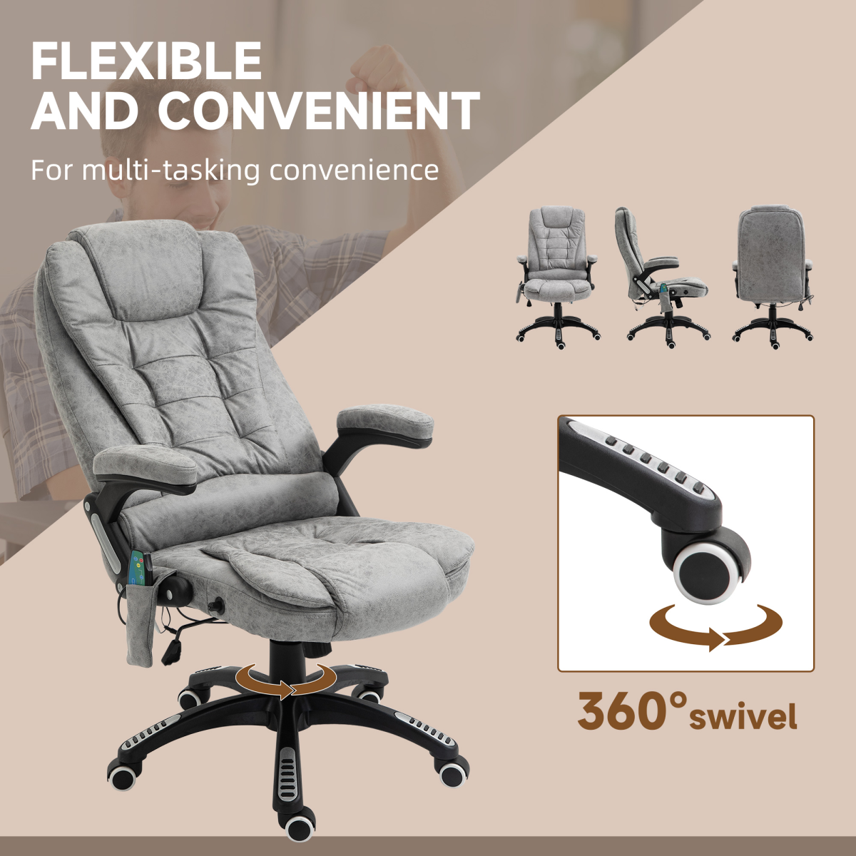 Executive Reclining Chair w/ Heating Massage Points Relaxing Headrest Grey