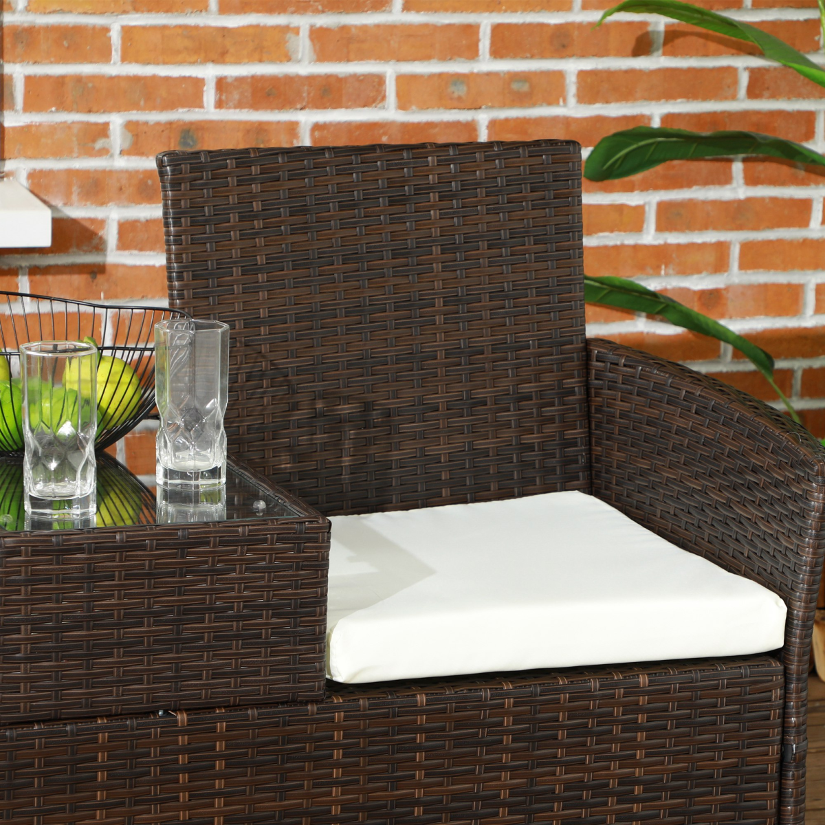 Outsunny 2 Seat Rattan Garden Bench with Padded Cushions, Brown/ Cream White