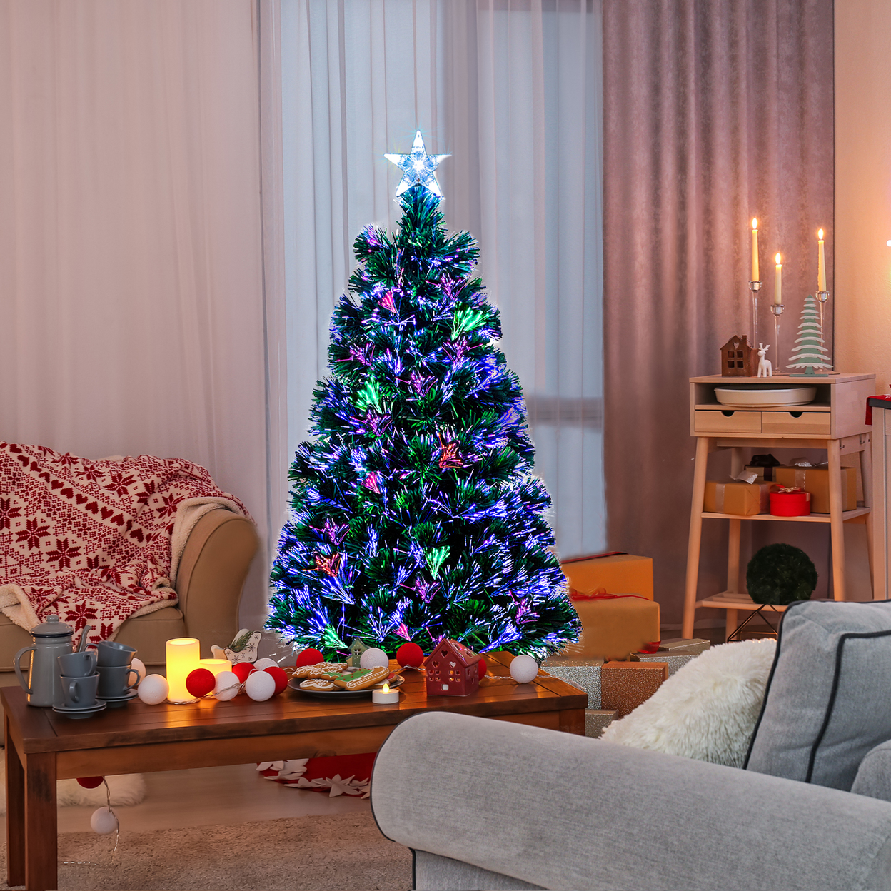FCH 3ft Top With Stars Plastic Base PVC Material Optical Fiber Colorful And Color-Changing 85 Branches Christmas Tree White